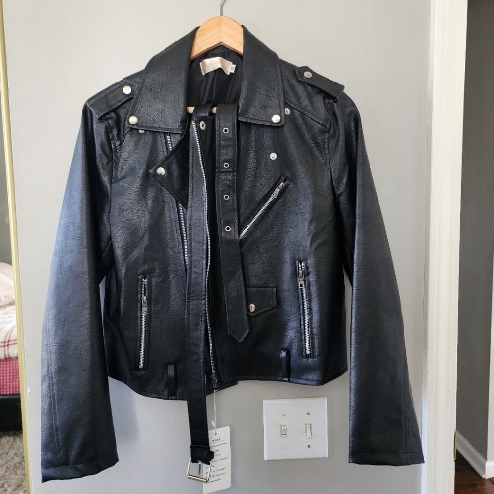 Black Faux Leather Moto Jacket with Belt
